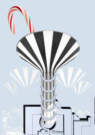 Aus einer mechanischen Basis ragt ein schwarz-weiß gestreifter Trichter hervor, an dessen Spitze sich vor einem hellblauen Hintergrund ein rot-weißer Zuckerstab befindet.
