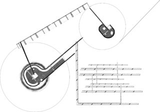Technisches Diagramm, das einen vergrößerten Abschnitt einer mechanischen Struktur mit leiterartigen Linien und kreisförmiger Hervorhebung zeigt, die die internen Komponenten detailliert darstellt.