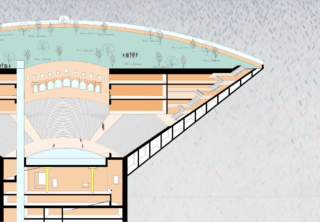 Architektonische Querschnittszeichnung, die ein Amphitheater mit Sitzreihen, mehreren Innenebenen und einem begrünten Dach mit Bäumen und Menschen zeigt.