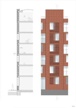 Architekturzeichnung, die die Fassade eines Backsteinwohnhauses mit Balkonen und einem Querschnitt zeigt, der die Innenräume und Strukturelemente detailliert darstellt.