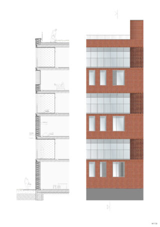 Architekturzeichnung, die links einen vertikalen Gebäudeschnitt mit Konstruktionsdetails und rechts eine Vorderansicht einer Ziegelfassade mit Balkonen und Fenstern zeigt.