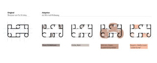 Ein Diagramm vergleicht den ursprünglichen Grundriss einer Skulptur mit seiner Anpassung als minimalistisches Apartment und hebt Änderungen in den Raumfunktionen durch beschriftete Grundrisse und farbcodierte Bereiche hervor.