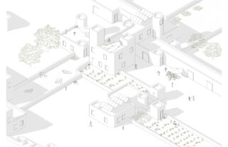 Axonometrische Architekturzeichnung miteinander verbundener Gebäude mit Dachgärten, Sitzbereichen im Freien, Fußgängern und Bäumen, die Schatten spenden.