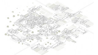 Isometrische Architekturzeichnung eines Komplexes mit miteinander verbundenen Gebäuden, Innenhöfen, Wegen, Bäumen und Grünflächen, die in einem geordneten Layout angeordnet sind.