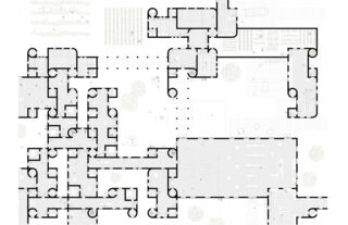 Architektonischer Grundriss mit mehreren miteinander verbundenen Räumen, Fluren und offenen Flächen, wobei schattierte Bereiche größere Gemeinschaftsbereiche und schwache Umrisse von Außenanlagen anzeigen.