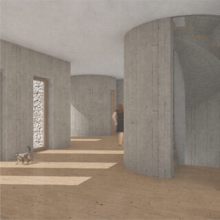 Ein minimalistisches Interieur mit geschwungenen Betonwänden, Holzböden, einer Wendeltreppe, einer gehenden Person und einer Katze in der Nähe von Sonnenlicht, das durch große Fenster strömt.