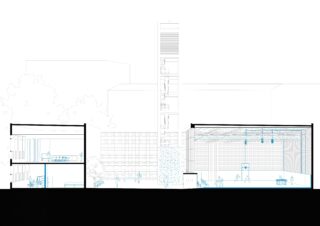 Architektonische Schnittzeichnung, die ein mehrstöckiges Gebäude mit einem zentralen Turm, einer angrenzenden Turnhalle mit Basketballplatz und mehreren menschlichen Figuren im Innen- und Außenbereich zeigt.