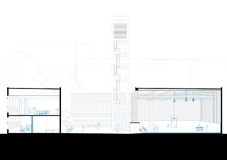 Architektonische Schnittzeichnung, die ein mehrstöckiges Gebäude, einen zentralen Turm und eine Turnhalle mit Menschen zeigt, die verschiedenen Indoor-Aktivitäten nachgehen.