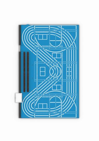 Geometrische Muster und Linien in weiß auf blauem Untergrund.