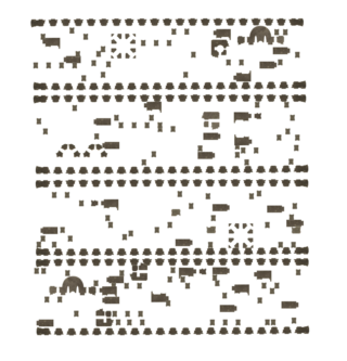 Ein Raster aus abstrakten, unregelmäßigen schwarzen Formen, die in Reihen auf einem weißen Hintergrund angeordnet sind, ohne erkennbares Muster oder erkennbare Objekte.