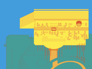 Abstrakte Illustration mit geometrischen Formen in Gelb, Blaugrün, Orange und Rot, angeordnet mit geschichteten Rechtecken, Kreisen und Linien vor einem blauen Hintergrund.