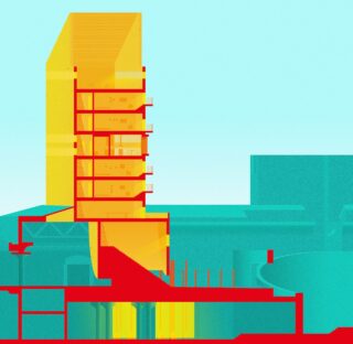 Eine digitale Querschnittsillustration eines mehrstöckigen Gebäudes mit einer großen zentralen Rutsche, dargestellt in Farbverläufen von Rot an der Basis bis Gelb an der Spitze, vor einem blauen Hintergrund.