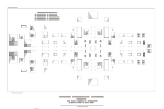 Architektonischer Grundriss mit symmetrischer Anordnung, bei dem verschiedene Räume, Türen und Fenster um eine zentrale Achse angeordnet sind.