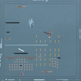 Luftaufnahme eines schematischen Küstenverteidigungsplans mit Barrieren, Pfählen und Hindernissen, die auf einem bläulichen Gitterhintergrund angeordnet sind.