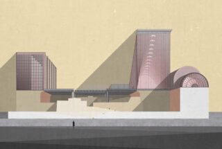 Digitale Architekturillustration eines modernen Gebäudekomplexes mit geometrischen Formen, Glasfassaden, einem Kuppeldach und erhöhten Gehwegen vor einem schlichten Hintergrund.