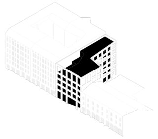 Isometrische Zeichnung eines Gebäudekomplexes mit einem schwarz hervorgehobenen Abschnitt, der einen bestimmten Teil innerhalb der größeren Struktur darstellt. Der Rest ist als weißer Umriss dargestellt.