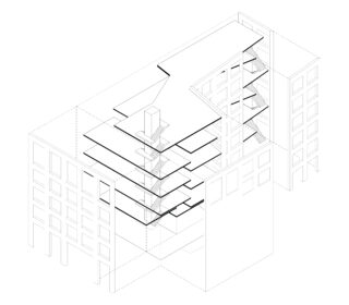 Axonometrische Zeichnung eines mehrstöckigen Gebäudes mit Explosionszeichnung der Stockwerke und Innentreppen, die die strukturelle und räumliche Anordnung verdeutlicht.
