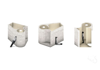 Gezeigt werden drei minimalistische, geschwungene Betonstrukturen, in denen sich jeweils eine Person in unterschiedlicher Position befindet: angelehnt, kopfüber liegend und stehend. Die Innenräume sind spärlich möbliert und in hellen Farben gehalten.