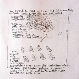 Eine handschriftliche deutsche Notiz mit Skizzen, darunter gekreuzte Linien oben und mehrere muschelartige Formen unten, die Beobachtungen am Strand beschreiben.
