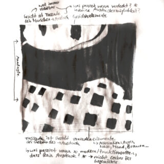 Abstraktes Schwarz-Weiß-Gemälde mit geometrischen Formen und handgeschriebenem deutschen Text zu Fassaden, Wahrnehmung und architektonischen Analogien.