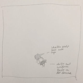 Eine Bleistiftskizze zeigt in der Mitte zwei kleine, schattierte Figuren mit handschriftlichen deutschen Notizen, die auf die einzelnen Figuren auf einem einfachen Hintergrund hinweisen.