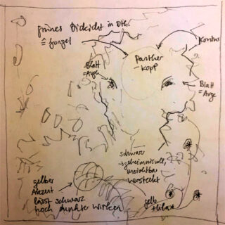 Handgezeichnete Skizze mit verstreuten deutschen Anmerkungen, abstrakten Formen und Linien; einige beschriftete Bereiche umfassen „Panther-kopp“, „Blatt-Auge“ und „gelber Akzent“.
