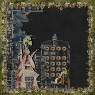 Eine Collage mit einer skurrilen rosa Struktur mit Pflanzen, kreisförmigen Objekten, die in einem Raster angeordnet sind, und einem Blattrand auf einem dunklen, gemusterten Hintergrund.