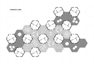 Sechseckiger Grundriss mit der Aufschrift „Symbiosis Living“ mit miteinander verbundenen sechseckigen Räumen und schattigen Gemeinschaftsbereichen, dargestellt auf einem weißen sechseckigen Gitterhintergrund.