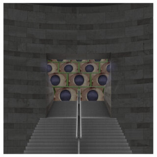 Eine Steintreppe mit einem Metallhandlauf führt zu einer Wand mit einem geometrischen Muster aus kreisförmigen Öffnungen und grünen Linien.