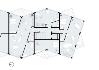 Architektonischer Grundriss einer Mehrzimmerwohnung mit Wohnbereichen, Schlafzimmern, Bädern, Möbelanordnung und Balkonflächen. Die Nordrichtung ist unten links angegeben.