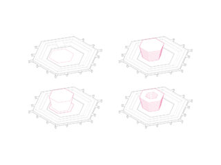 Vier Diagramme zeigen eine sequentielle Transformation einer sechseckigen Form innerhalb eines fünfeckigen Rahmens und veranschaulichen eine geschichtete Strukturänderung in rosa Linien.