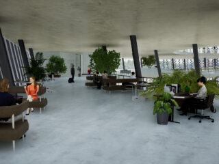 Moderne Bürolobby mit Menschen, die auf Sofas sitzen, an Schreibtischen arbeiten und spazieren gehen. Große Fenster, Zimmerpflanzen und natürliches Licht füllen den geräumigen Bereich.