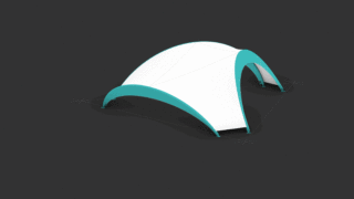 Auf einem dunkelgrauen Hintergrund ist ein weiß-blaugrünes Stoffzelt mit drei gewölbten Öffnungen aufgebaut.