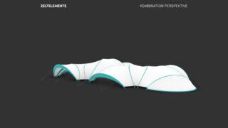 Weiße, miteinander verbundene Zeltstrukturen mit blaugrünen Kanten und sichtbaren Stützlinien auf dunkelgrauem Hintergrund; beschriftet mit „ZELTELEMENTE“ und „KOMBINATION PERSPEKTIVE“.