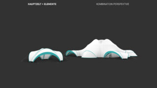 Vor einem dunklen Hintergrund sind drei modulare Zeltstrukturen in Weiß und Blaugrün zu sehen, dargestellt aus einer kombinierten perspektivischen Ansicht.