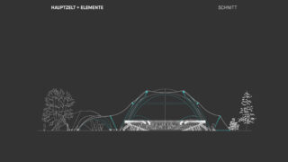 Architektonische Schnittzeichnung einer großen zeltartigen Struktur mit geschwungenen Elementen, dargestellt zwischen Bäumen auf dunklem Hintergrund.