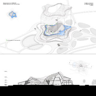 Architekturzeichnung mit Drauf- und Seitenansicht eines modernen, mehrstöckigen Gebäudes mit organischen Formen, hervorgehobenen Wegen und Landschaftselementen.