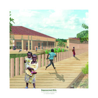 Kinder spielen und gehen auf einem Holzweg in der Nähe eines modernen Schulgebäudes aus Backstein in einer ländlichen Gegend, mit viel Grün und einem teilweise bewölkten Himmel im Hintergrund.