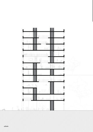 Architektonische Schnittzeichnung eines mehrstöckigen Gebäudes mit maßstabsgetreuen Grundrissen, Räumen, Strukturelementen und menschlichen Figuren.