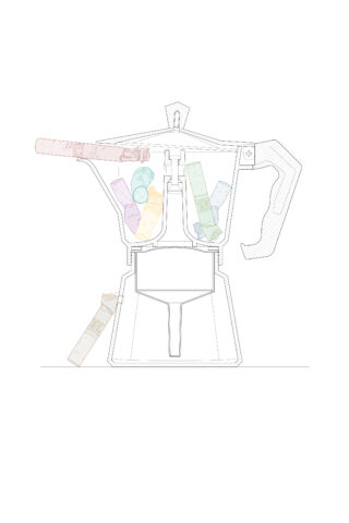 Abgebildet ist eine Mokkakanne im Querschnitt, wobei in der Wasserkammer, dem Filter und der Auffangkammer der Kanne farbige Legosteine platziert sind.