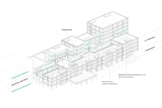 Isometrisches Architekturdiagramm einer mehrstöckigen Gebäudestruktur mit beschrifteten Abschnitten für bestehende und neue Anbauten, Wohneinheiten und Kernkomponenten. Die Beschriftungen sind in deutscher Sprache.