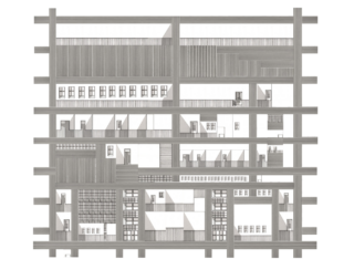 Architektonische Schnittzeichnung, die mehrere Stockwerke, Räume, Fenster und tragende Balken in einer detaillierten Graustufenansicht zeigt.