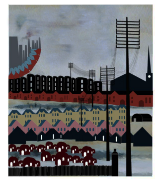 Stilisierte Darstellung einer industriellen Stadtlandschaft mit Häuserreihen, Telefonmasten mit Leitungen und großen Fabrikgebäuden unter einem bewölkten Himmel.