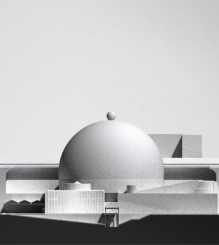 Schwarz-weiße Architekturdarstellung eines großen Kuppelgebäudes mit geometrischen Strukturen im Vordergrund vor einem schlichten Hintergrund.