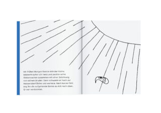 Eine Schwarzweißzeichnung eines Wassertropfens unter Sonnenstrahlen, begleitet von einem deutschen Textblock auf der linken Seite, der die Reise des Tropfens beschreibt.