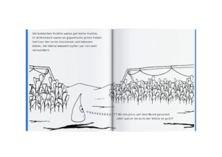 Auf einer illustrierten Buchseite ist eine Figur mit einem Wassertropfen zu sehen, der auf große grüne Getreidefelder in einer Wüstenlandschaft blickt. Darüber und darunter ist deutscher Text zu sehen.