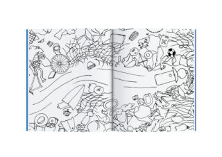 Schwarz-Weiß-Illustration verschiedener Arten von Müll, darunter Flaschen, Dosen, Plastik und Sportgeräte, die in einem offenen Buch auf beiden Seiten eines Flusses verstreut sind.