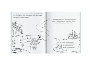 Eine einfache Schwarzweiß-Illustration einer Garnele und einer Schnecke, die sich unter Wasser zwischen Korallen unterhalten, begleitet von deutschem Text auf beiden Seiten.