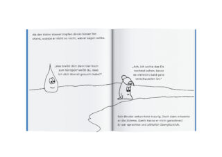 Ein illustriertes deutsches Kinderbuch zeigt zwei Wassertropfen auf Eis. Einer blickt traurig, der andere spricht. Auf beiden Seiten ist deutscher Text vorhanden.