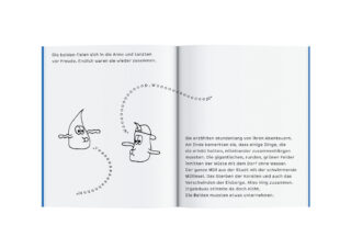 Eine illustrierte Buchseite zeigt zwei Comicfiguren mit erhobenen Armen, die einander zugewandt sind, umgeben von einem geschwungenen „o“. Deutscher Text erscheint auf beiden Seiten.